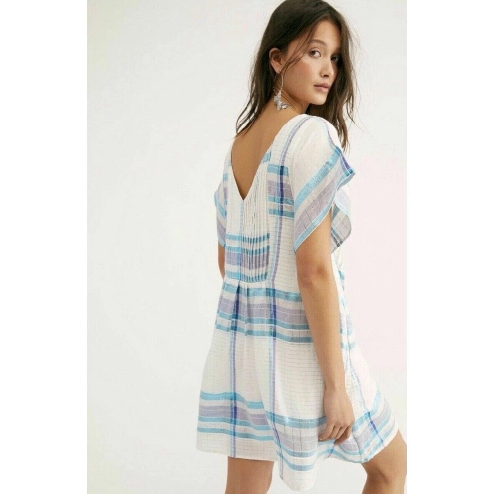 Free People Barcelona Shimmer Plaid Mini Dress Metallic Sparkle Boho Beach Large - Picture 2 of 12